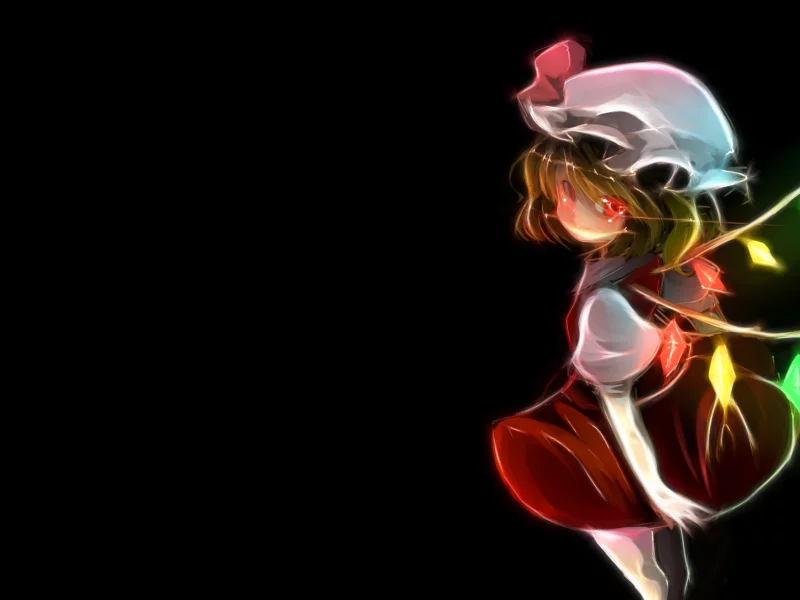 улыбаясь, wings, женщины, women, Flandre Scarlet, anime girls, крылья, головные уборы, аниме девочки, hats, skirts, черный фон, anime, Touhou, юбки, black background, аниме, short hair, простой фон, короткие волосы, simple background, smiling