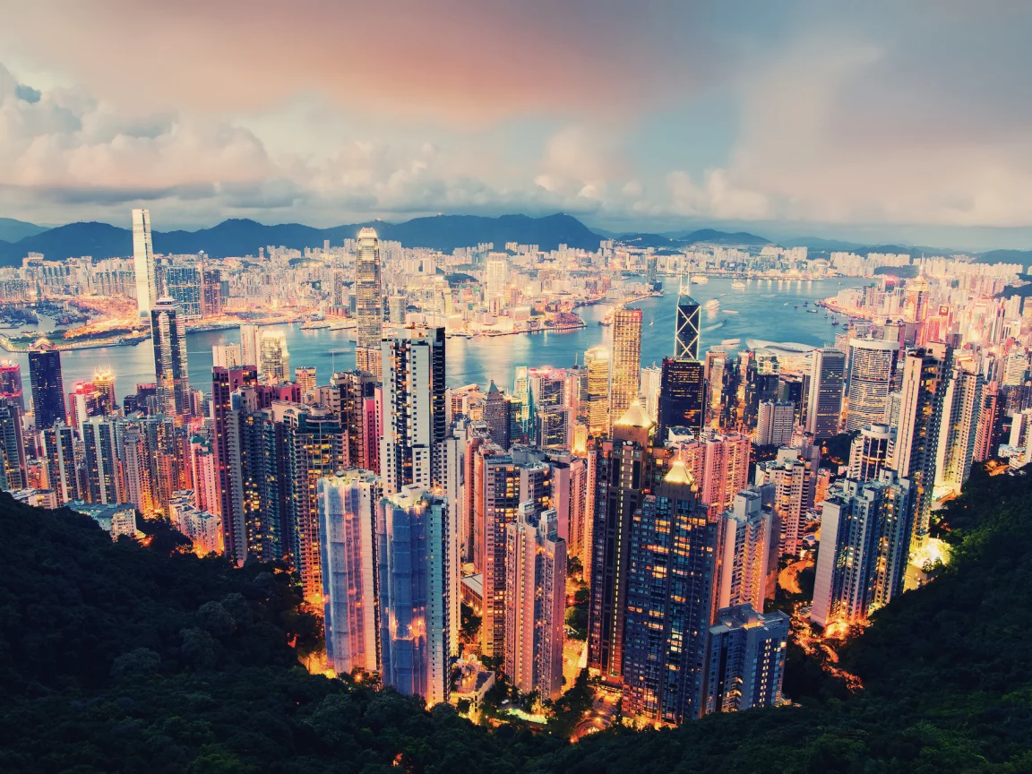 вечер, Город, облака, hong kong, гонг конг, огни