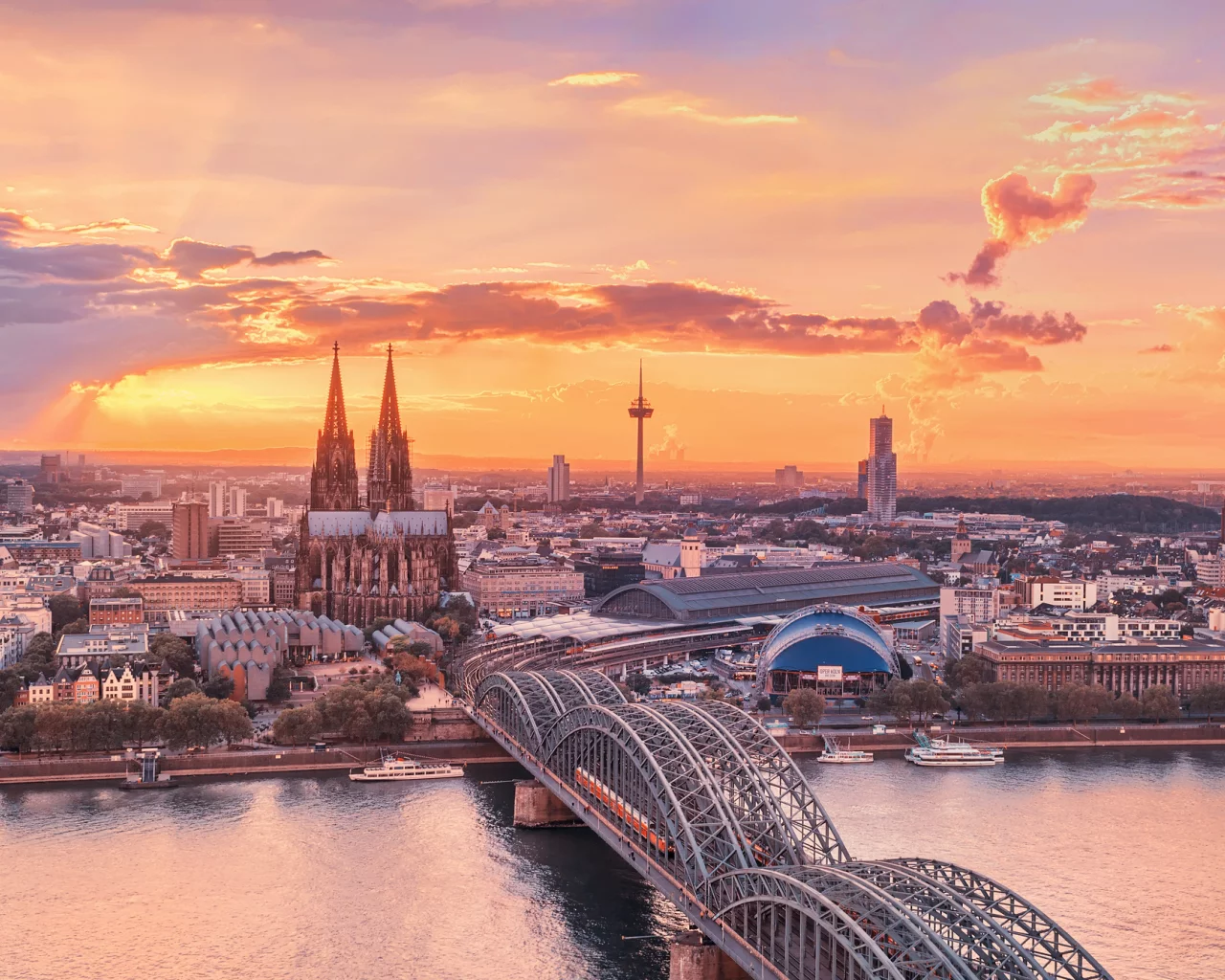 кёльн, Город, река, германия, рейн, закат, небо, мост