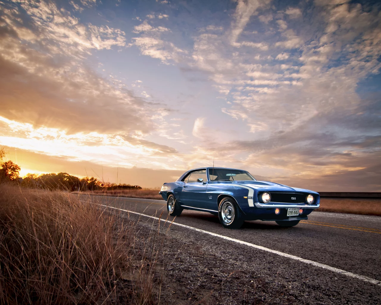 дорога, classic, american, blue, camaro, muscle небо , 1969, ss, chevrolet