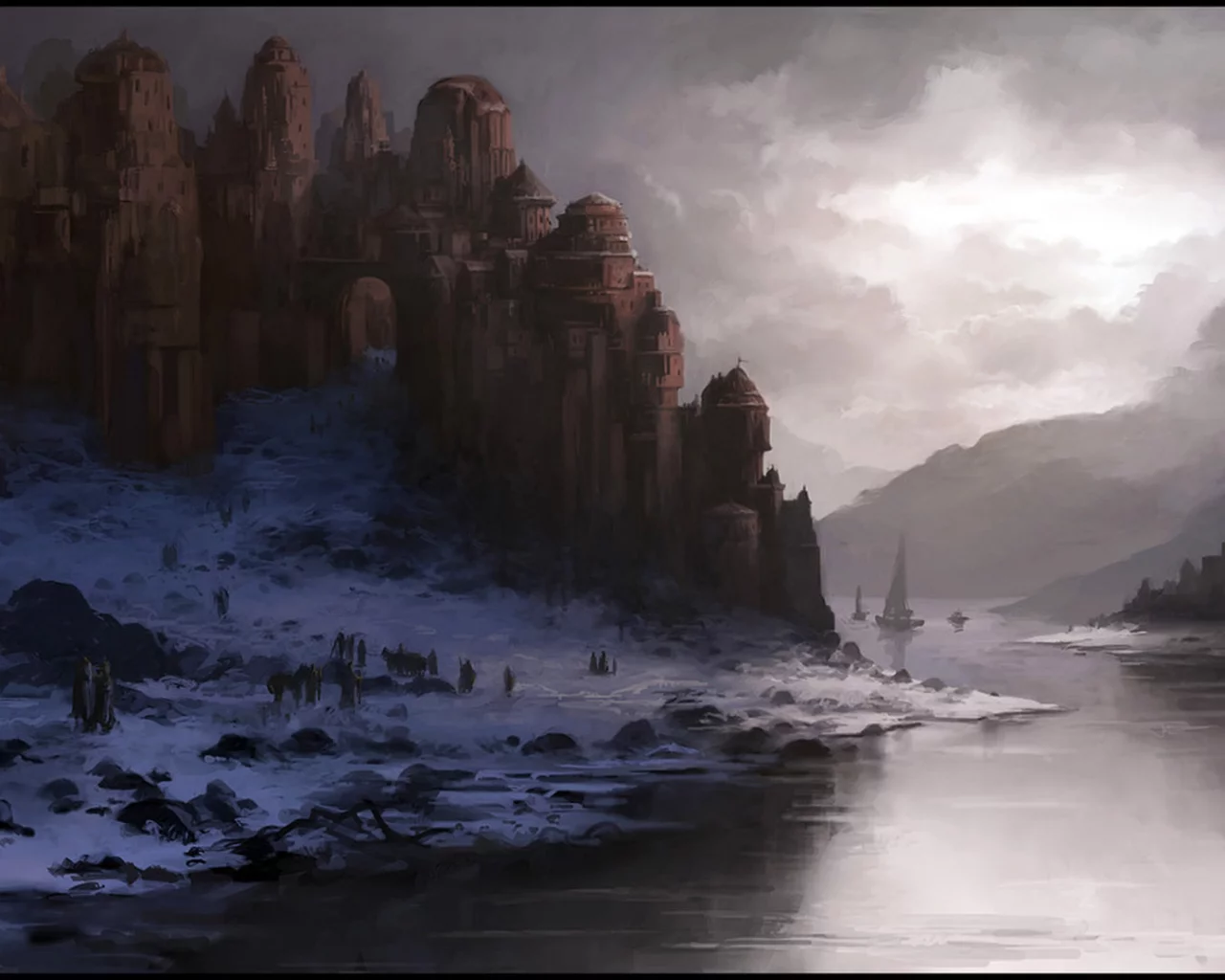 замок, Andreas rocha, река, снег, зима, арт, сумерки, корабли