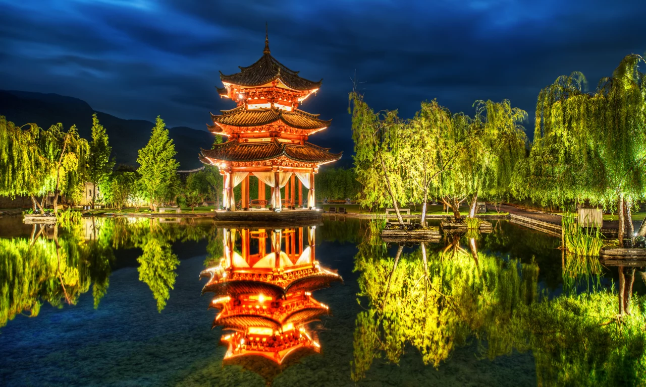 китай, отражение, деревья, Lijiang, парк, пруд, china, пагода
