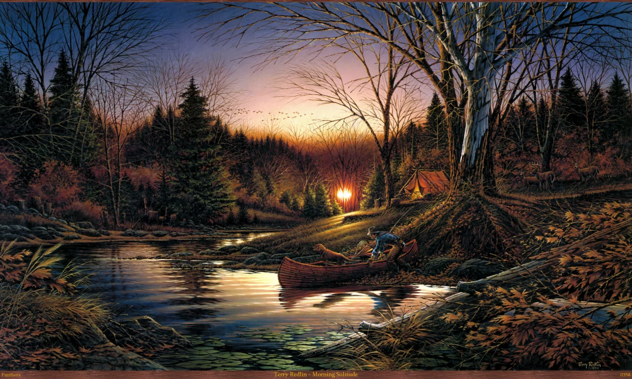 осень, живопись, утро, восход, лес, Terry redlin, morning solitude