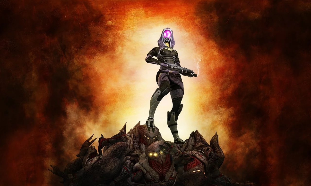 fan art, тали, оружие, фон, reapers, tali, Mass effect 3, жнецы