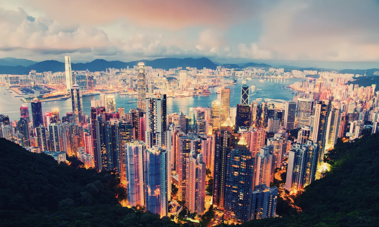 вечер, Город, облака, hong kong, гонг конг, огни
