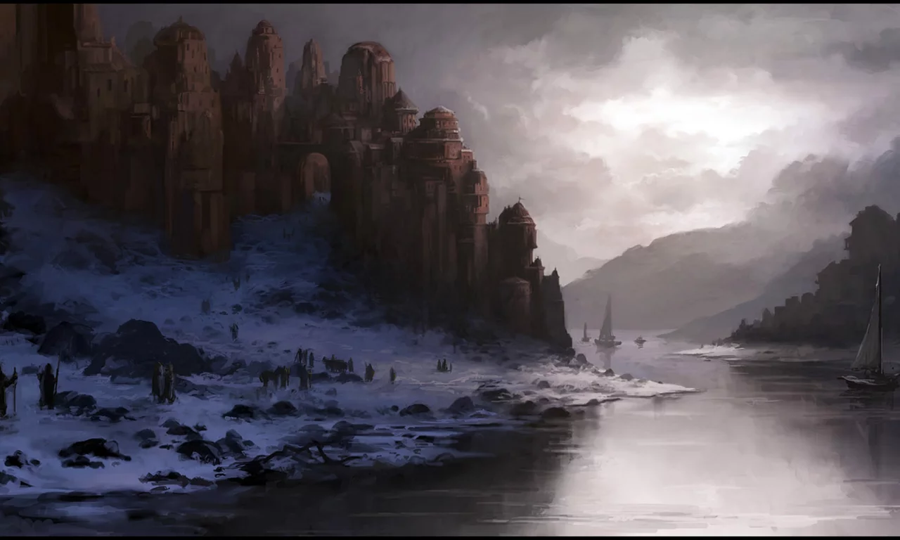 замок, Andreas rocha, река, снег, зима, арт, сумерки, корабли