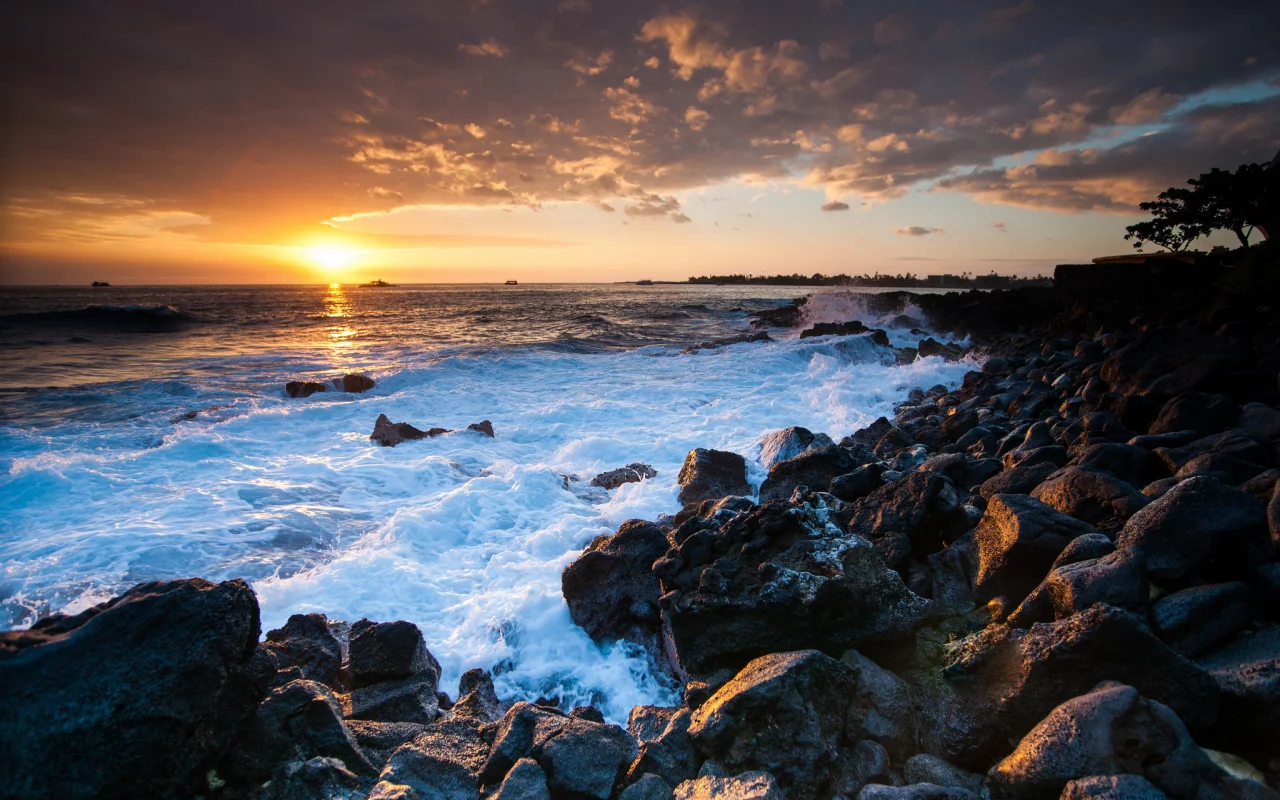 гавайи, закат, камни, побережье, океан, Hawaii