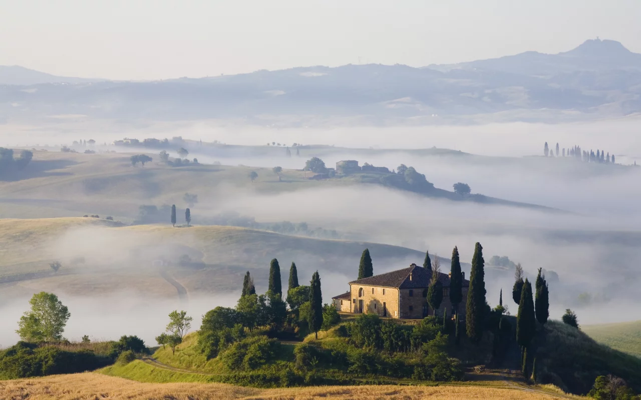 природа, Утро, пейзаж, поля, туман, дома, toscana, холмы