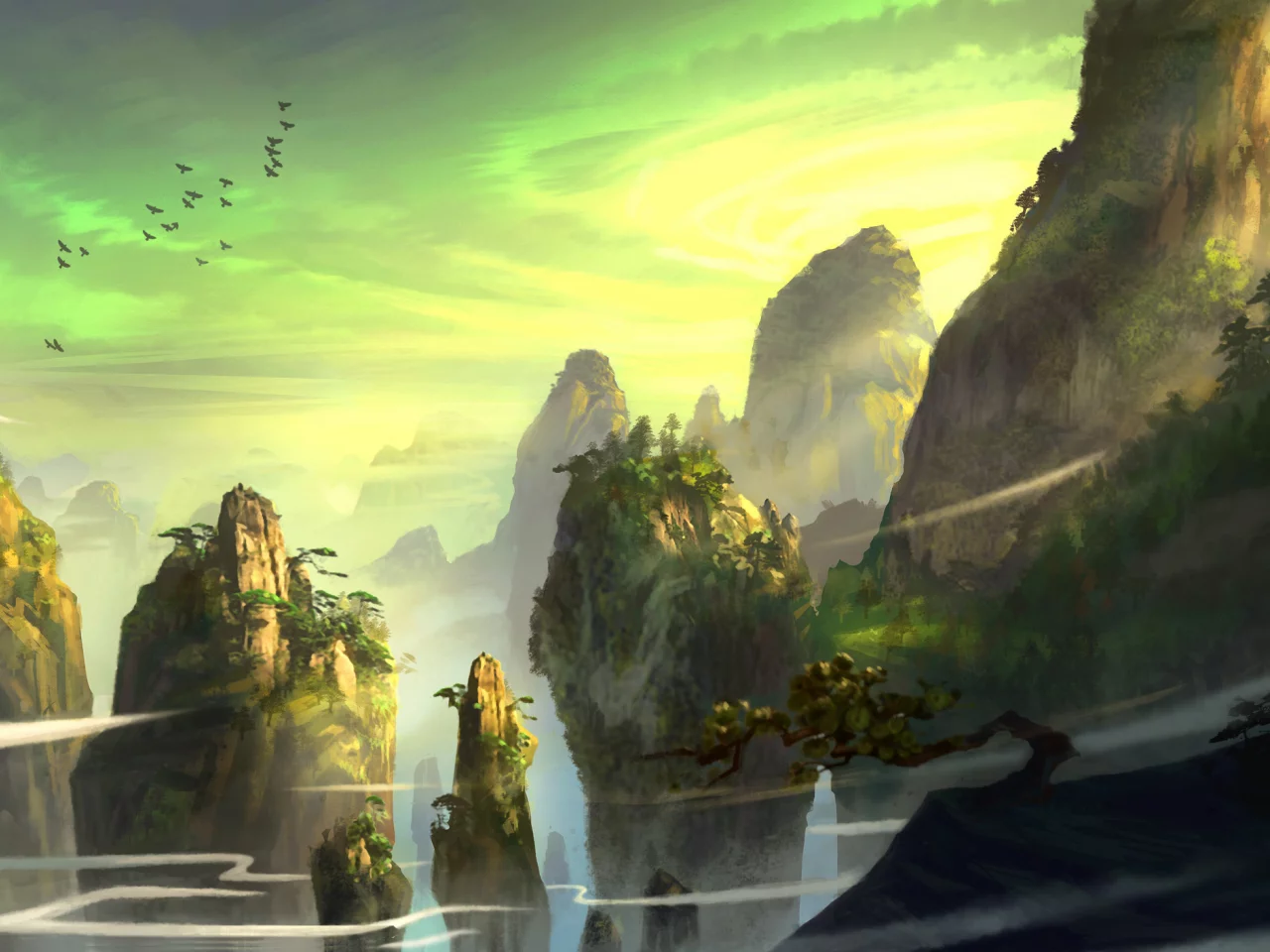  feng liu, pursue, скалы, деревья, горы, птицы, хвойные, Арт