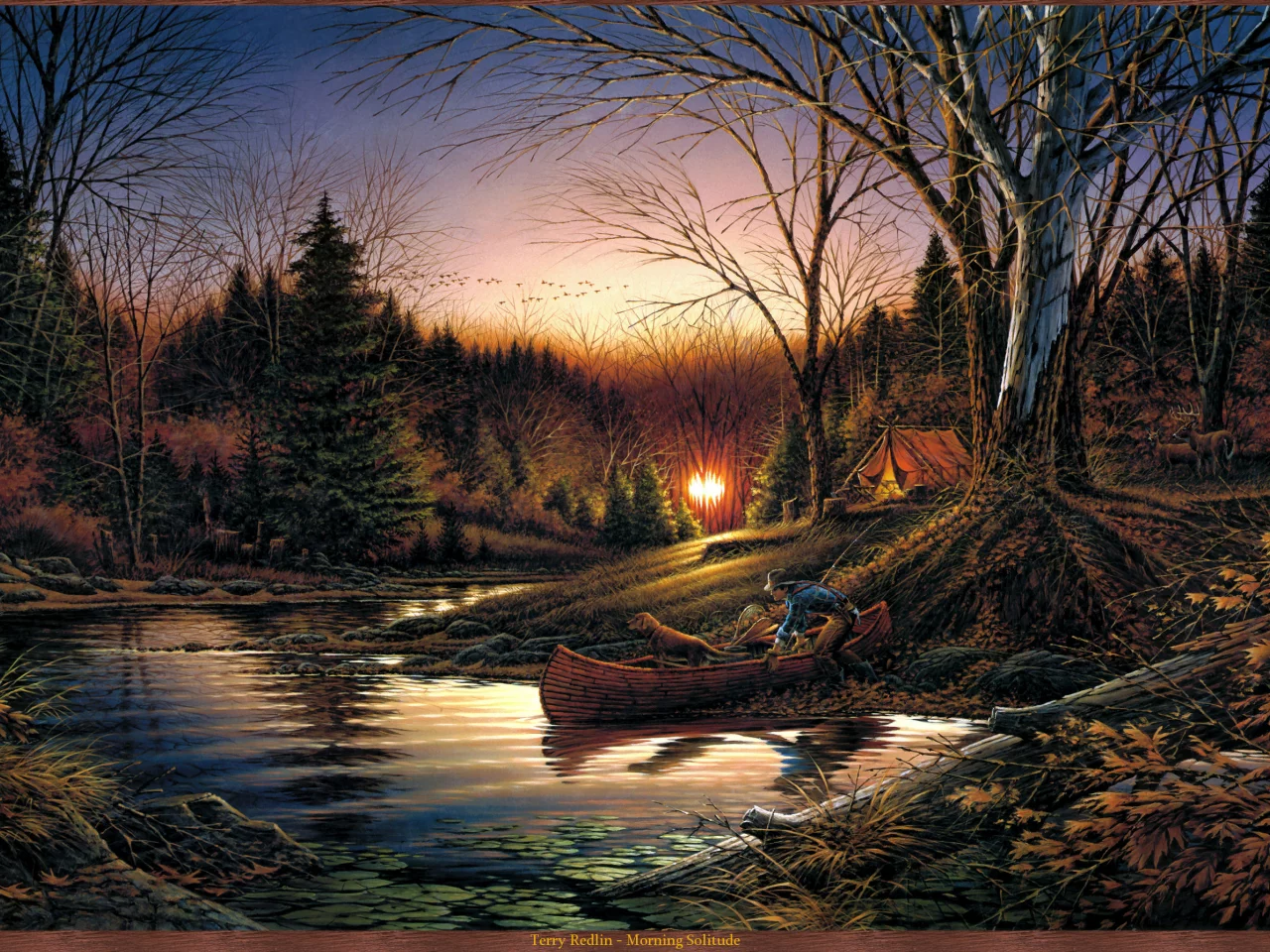 осень, живопись, утро, восход, лес, Terry redlin, morning solitude
