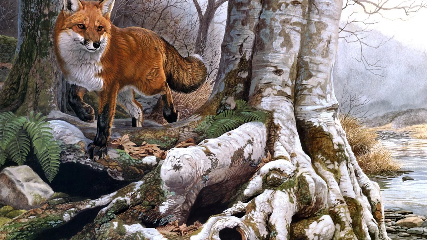 лиса, река, Al agnew, живопись, running wild, осень, лес, рыжая