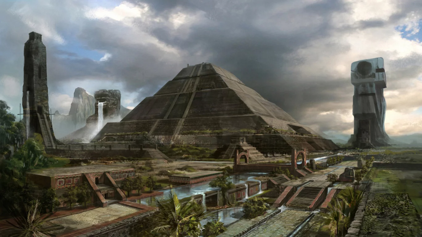 пирамида, пальмы, Арт, mayan civilization, город