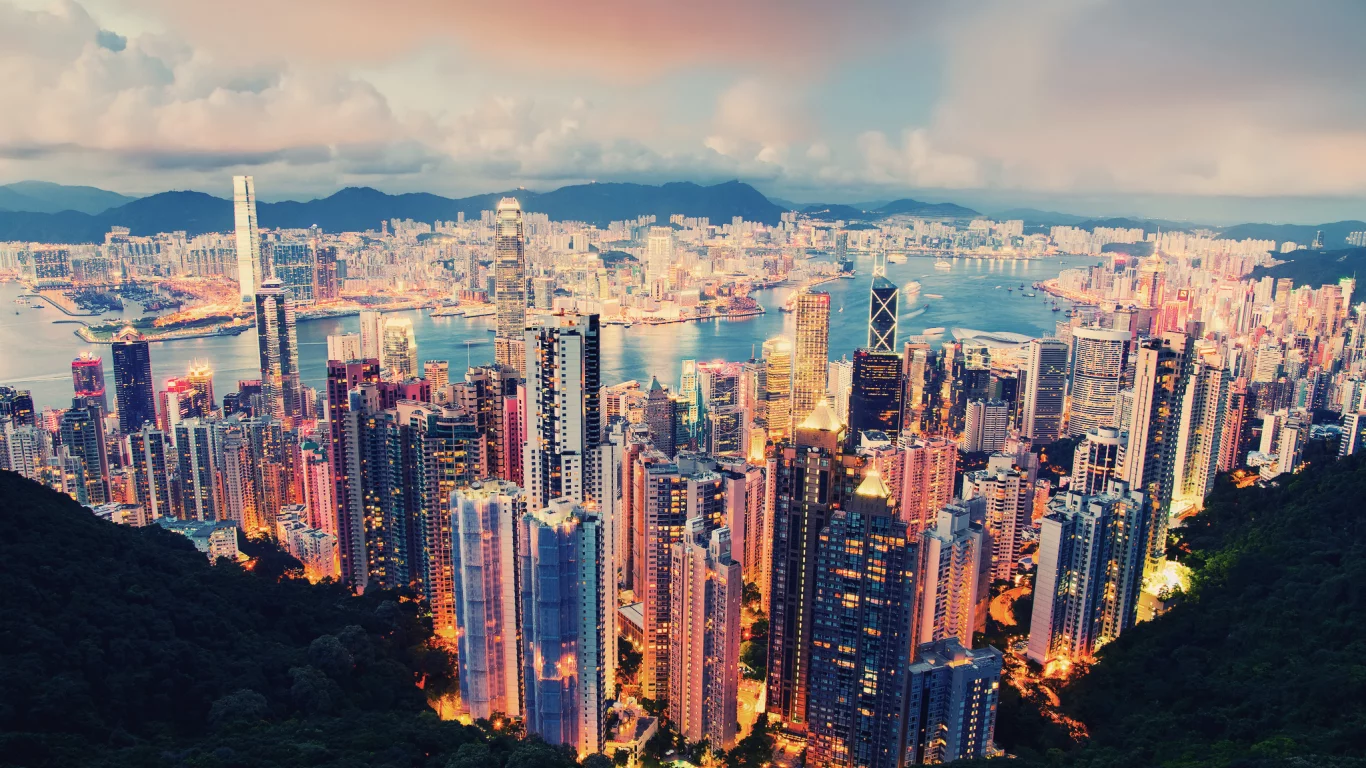 вечер, Город, облака, hong kong, гонг конг, огни