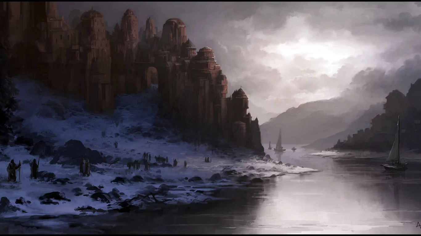замок, Andreas rocha, река, снег, зима, арт, сумерки, корабли