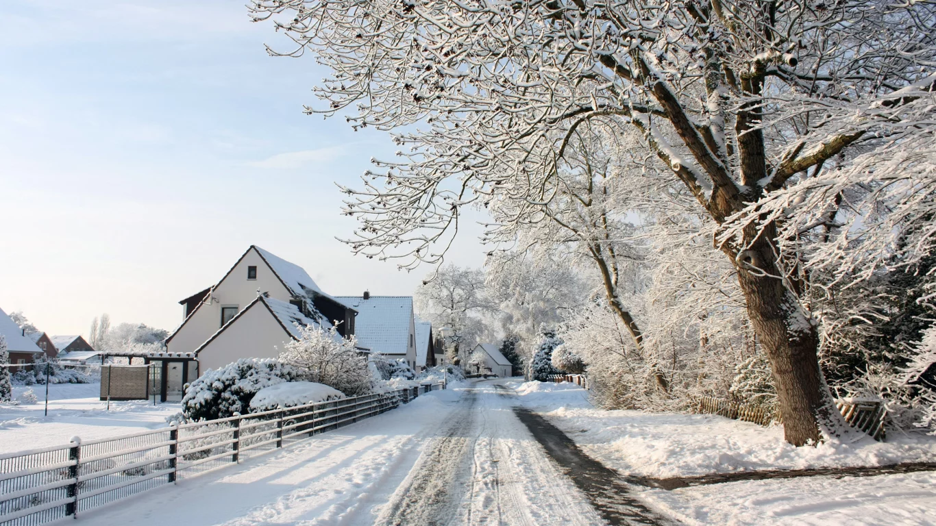 Деревенька, посёлок, зимний день, village, дома, забор