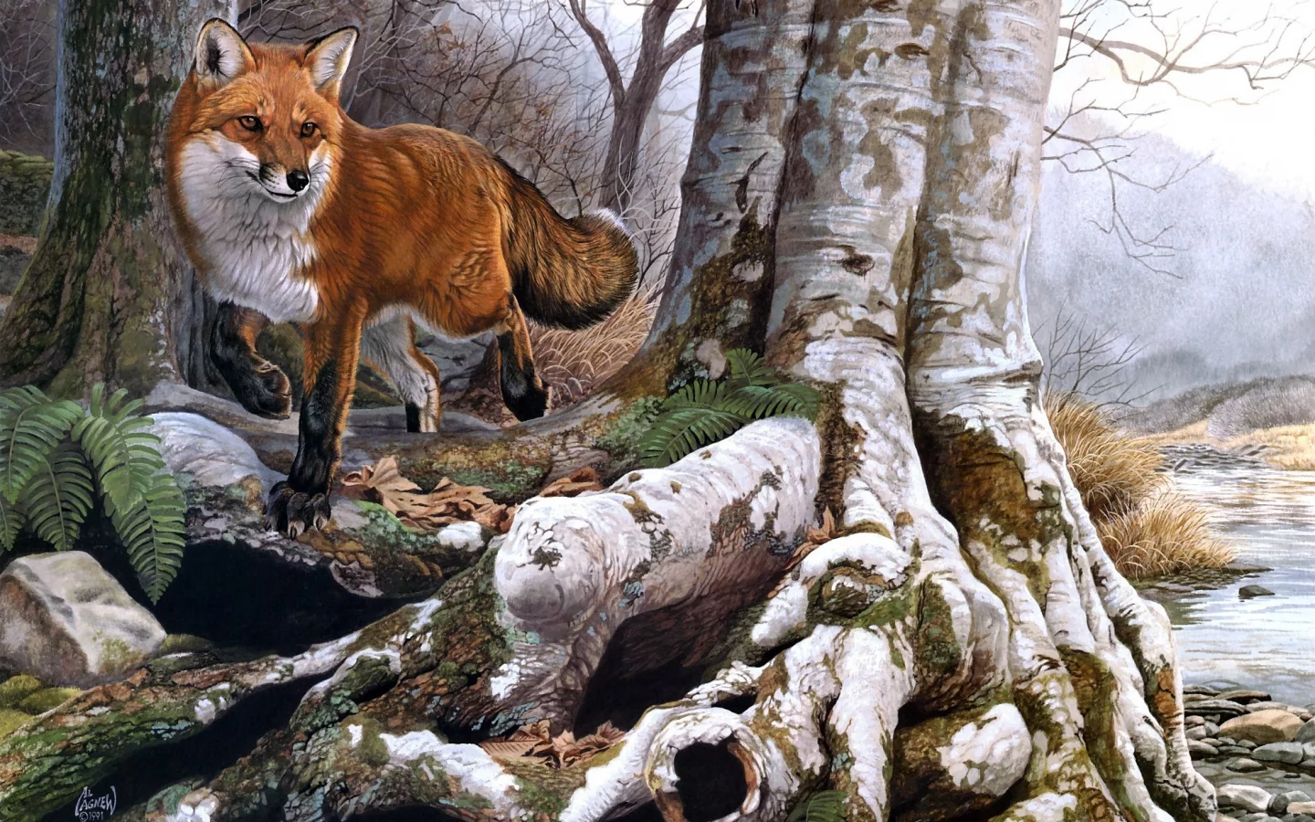 лиса, река, Al agnew, живопись, running wild, осень, лес, рыжая