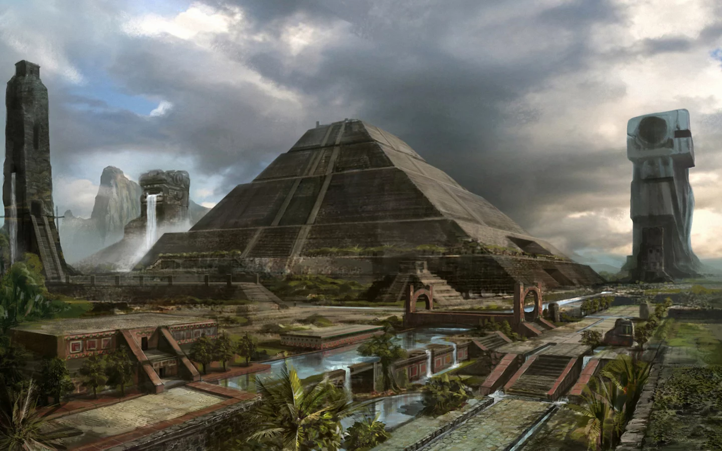 пирамида, пальмы, Арт, mayan civilization, город