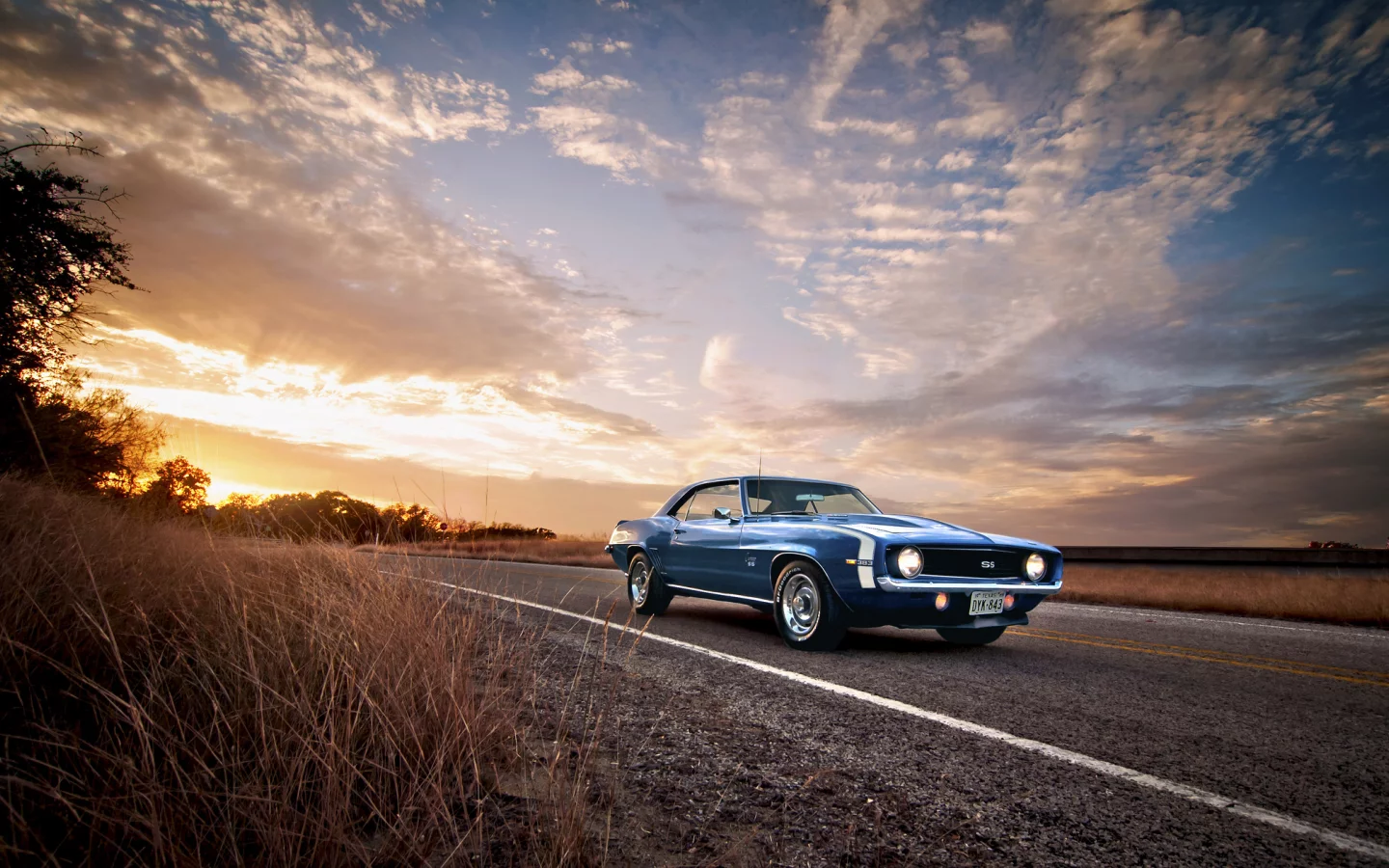 дорога, classic, american, blue, camaro, muscle небо , 1969, ss, chevrolet