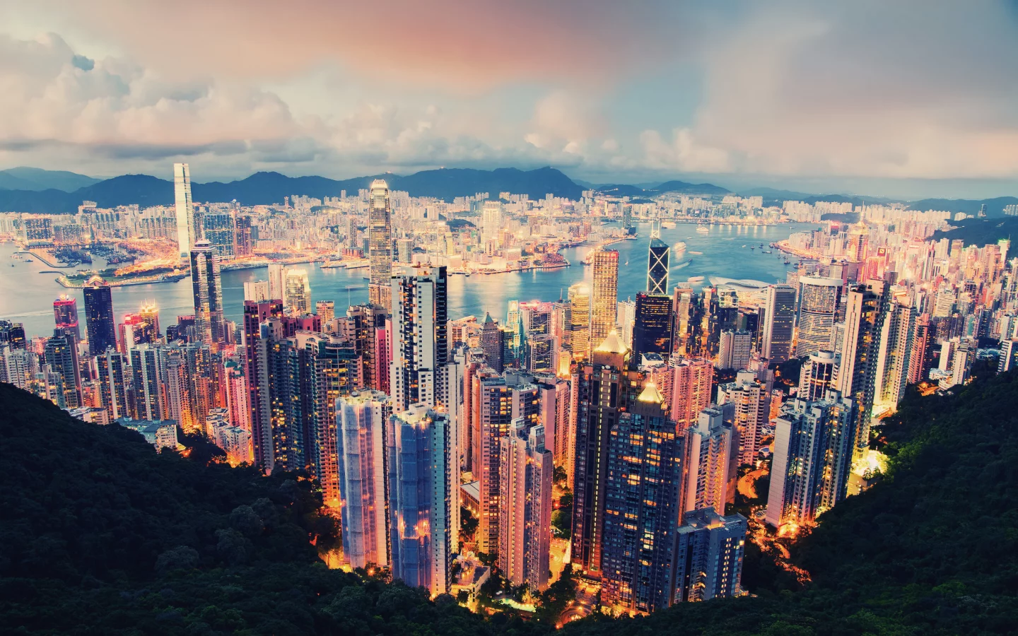 вечер, Город, облака, hong kong, гонг конг, огни