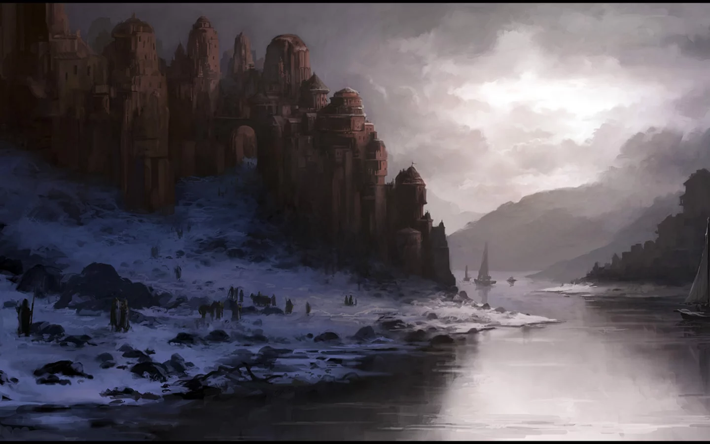 замок, Andreas rocha, река, снег, зима, арт, сумерки, корабли