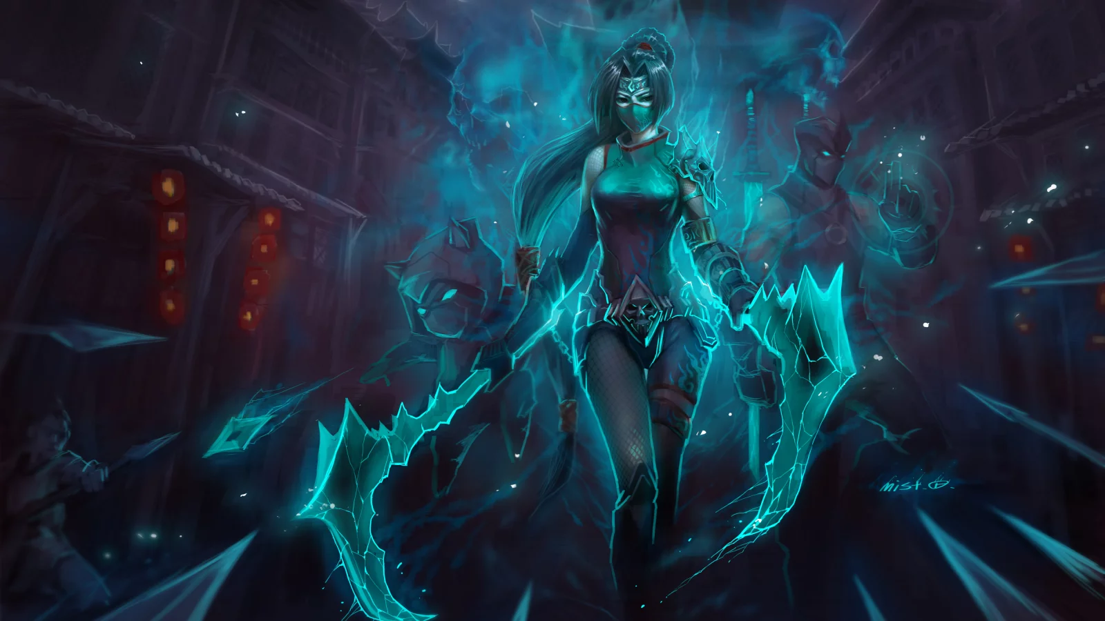 kennen, оружие, akali, ночь, маска, League of legends, shen, девушка