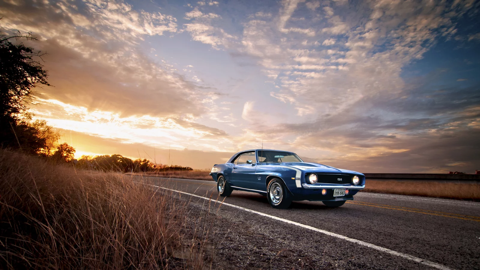 дорога, classic, american, blue, camaro, muscle небо , 1969, ss, chevrolet