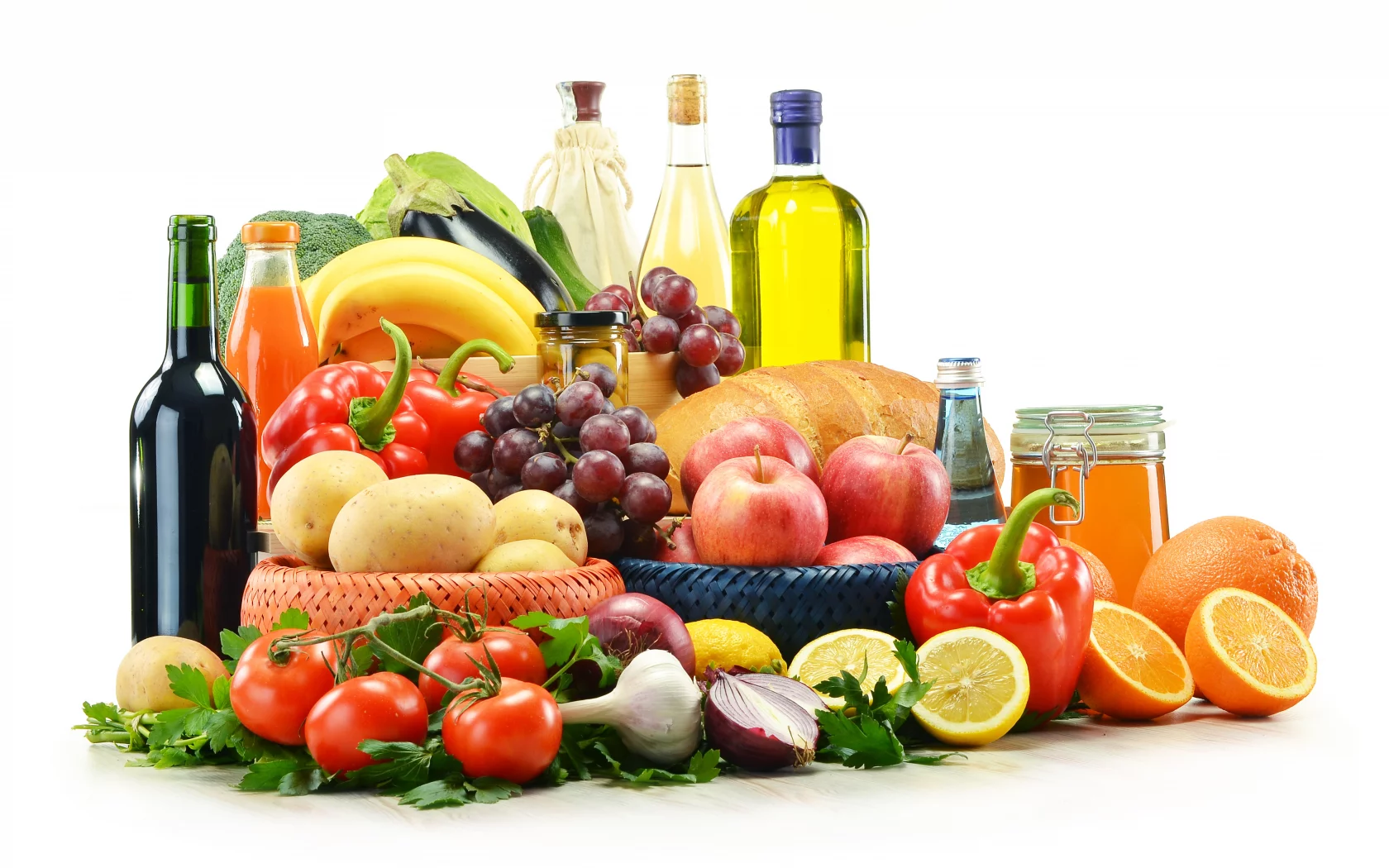 лимоны, хлеб, овощи, лук, вино, Фрукты, масло, перец