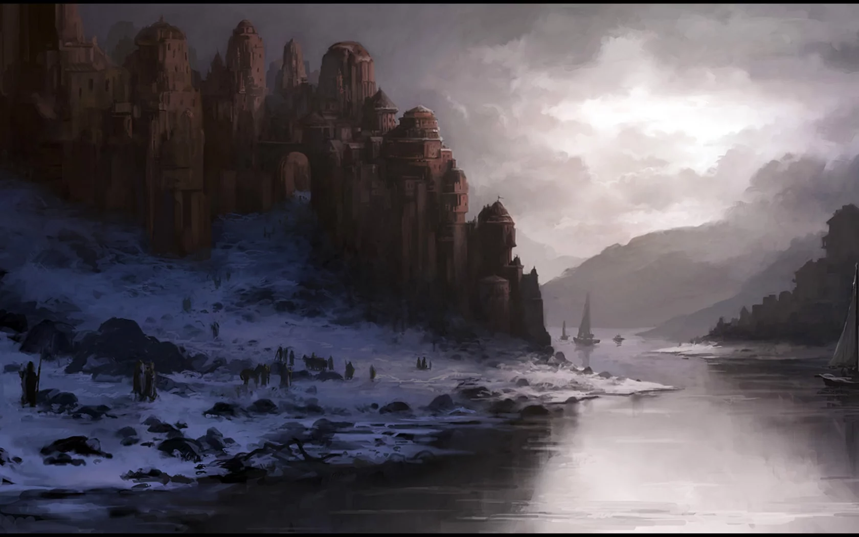 замок, Andreas rocha, река, снег, зима, арт, сумерки, корабли