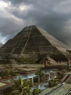 пирамида, пальмы, Арт, mayan civilization, город