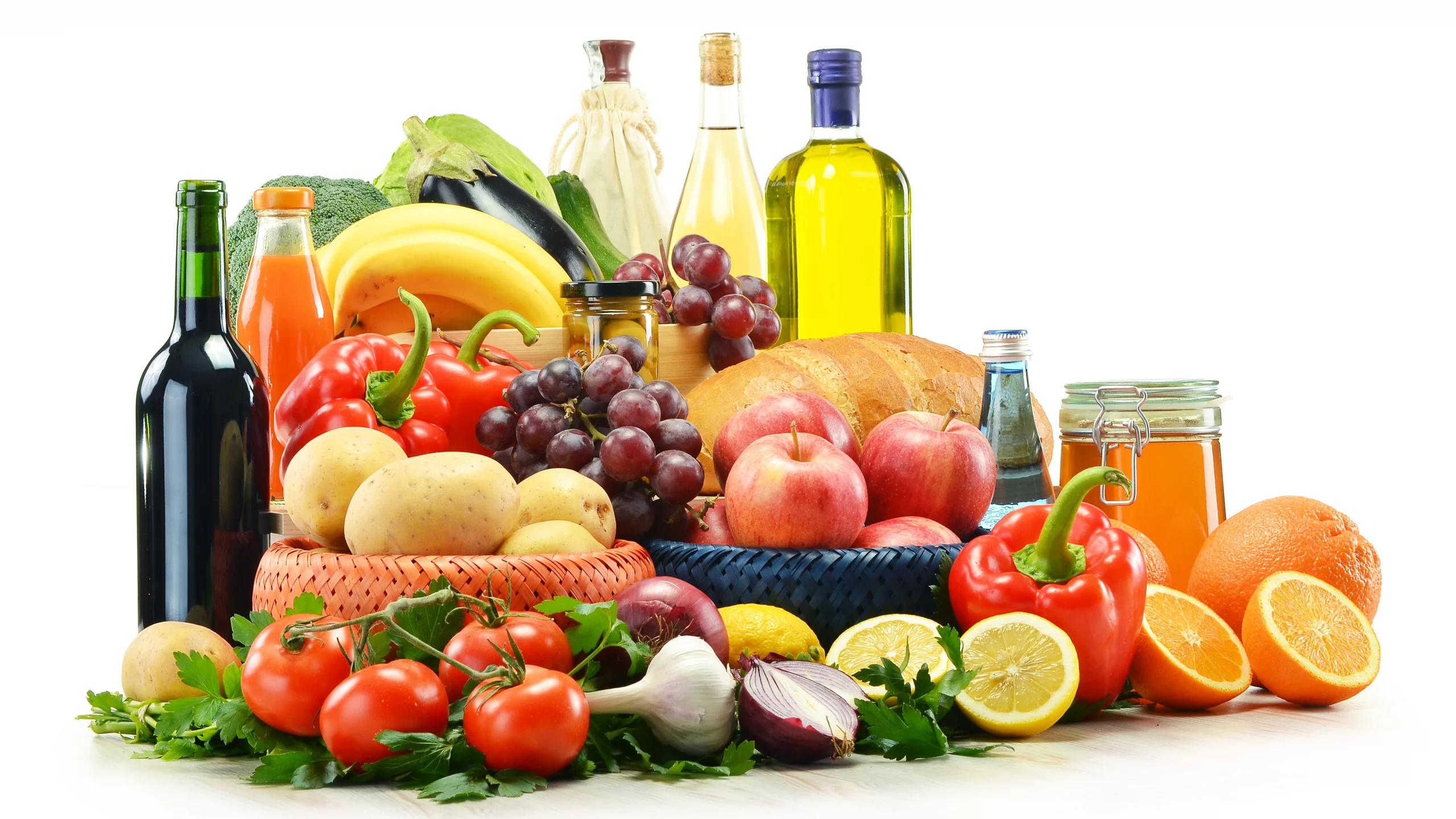 лимоны, хлеб, овощи, лук, вино, Фрукты, масло, перец