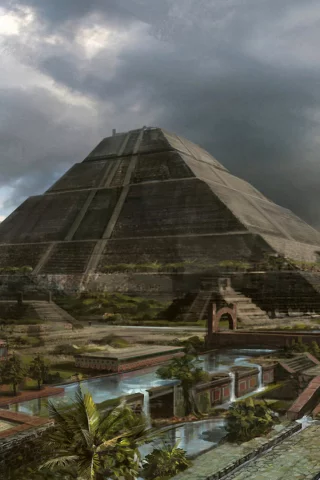 пирамида, пальмы, Арт, mayan civilization, город