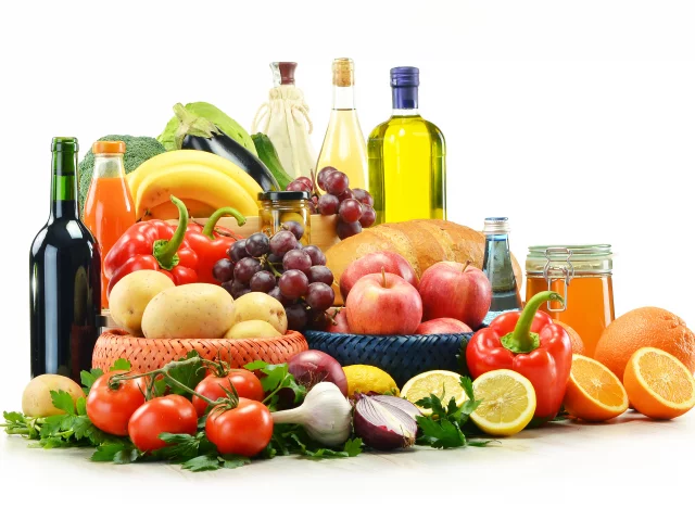 лимоны, хлеб, овощи, лук, вино, Фрукты, масло, перец