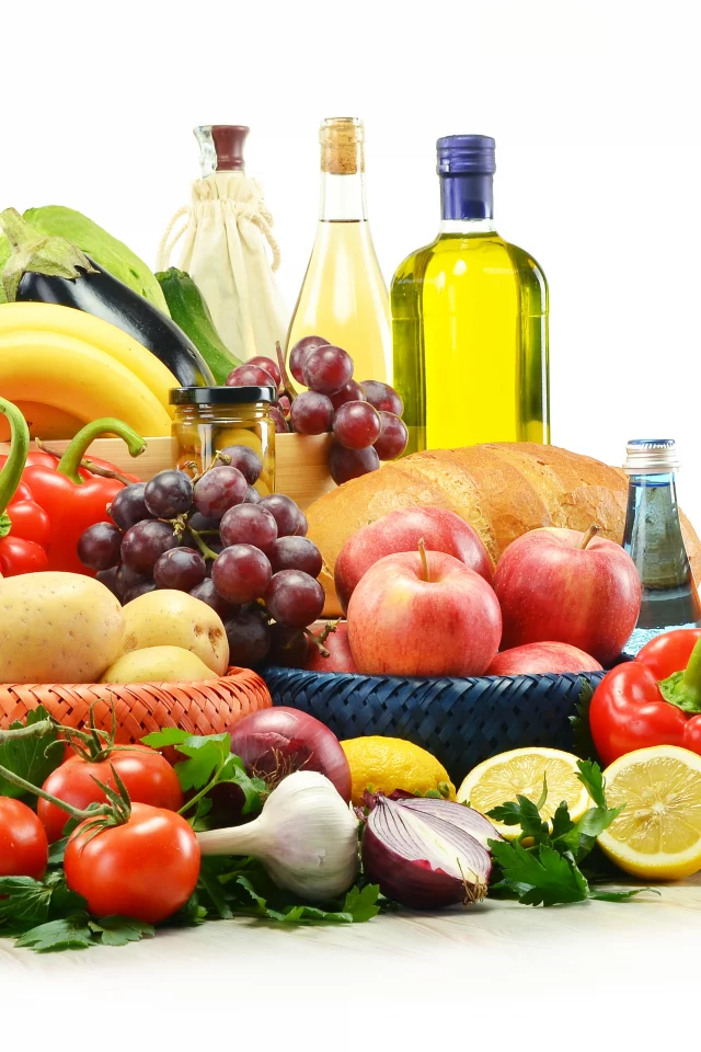 лимоны, хлеб, овощи, лук, вино, Фрукты, масло, перец