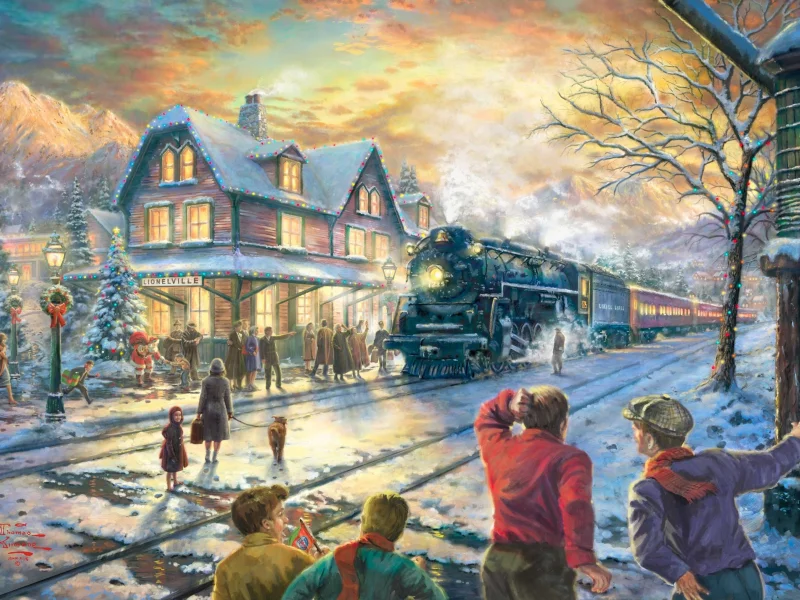 живопись, All aboard for christmas, lionelville, праздник, зима, thomas kinkade