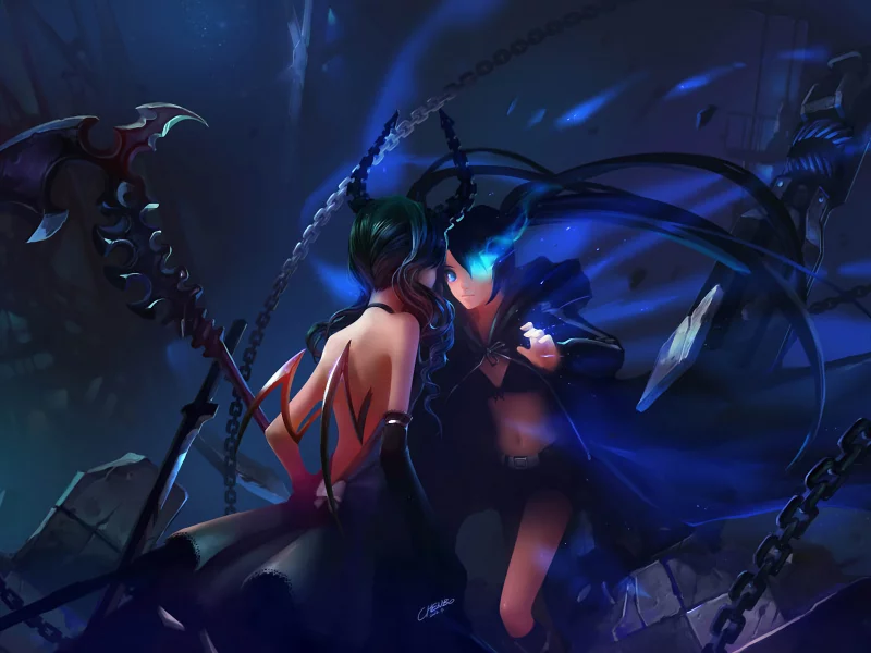 битва, коса, black rock shooter, chenbo, Арт, kuroi mato, dead master, цепи