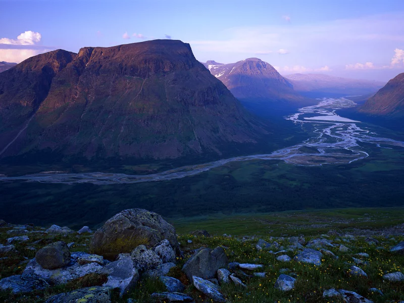 долина, sweden, швеция, река, камни, Rapa river, горы, sarek national park