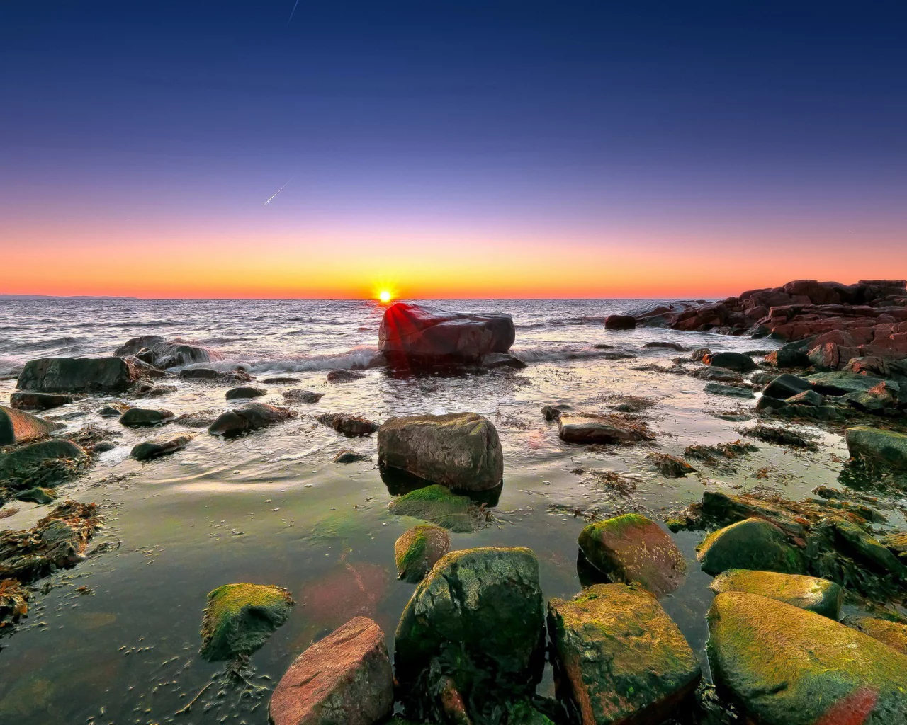 небо, водоросли, горизонт, рифы, скалы, море, Камни