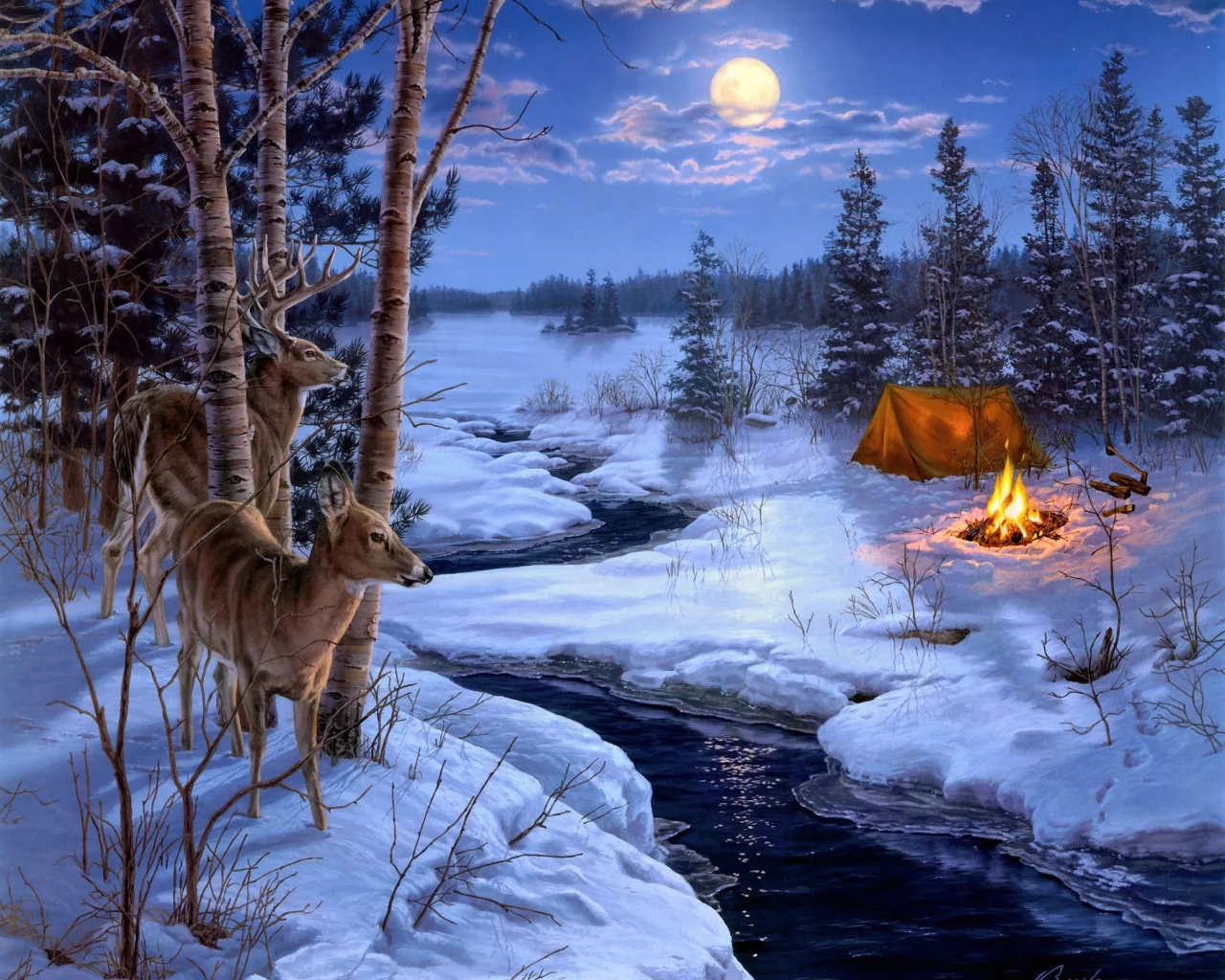 moon shadows, снег, олени, животные, живопись, зима, Darrell bush