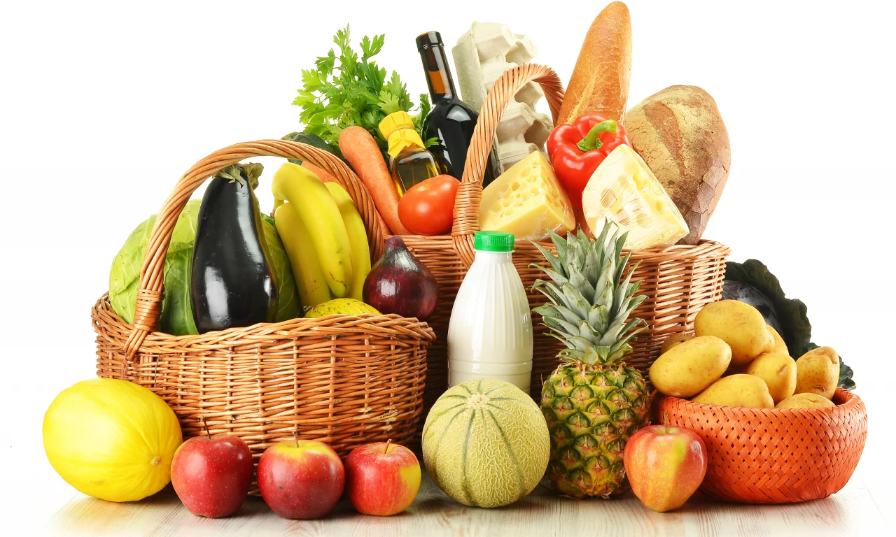 бутылки, Корзины, вино, фрукты, хлеб, продукты, яйца