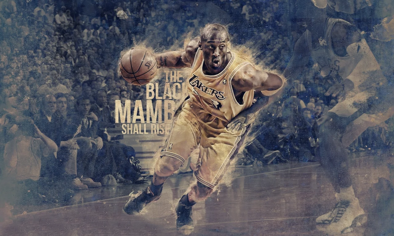 игрок, black mamba, рисунок, lakers, баскетбол, поле, мяч, Kobe bryant
