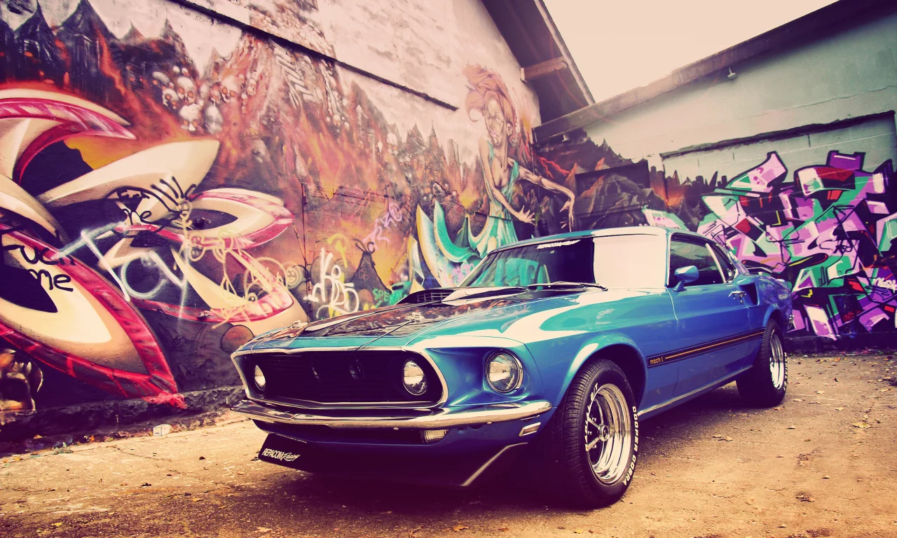 1969, mustang, classic, v8, графити, дома, Ford, muscle car