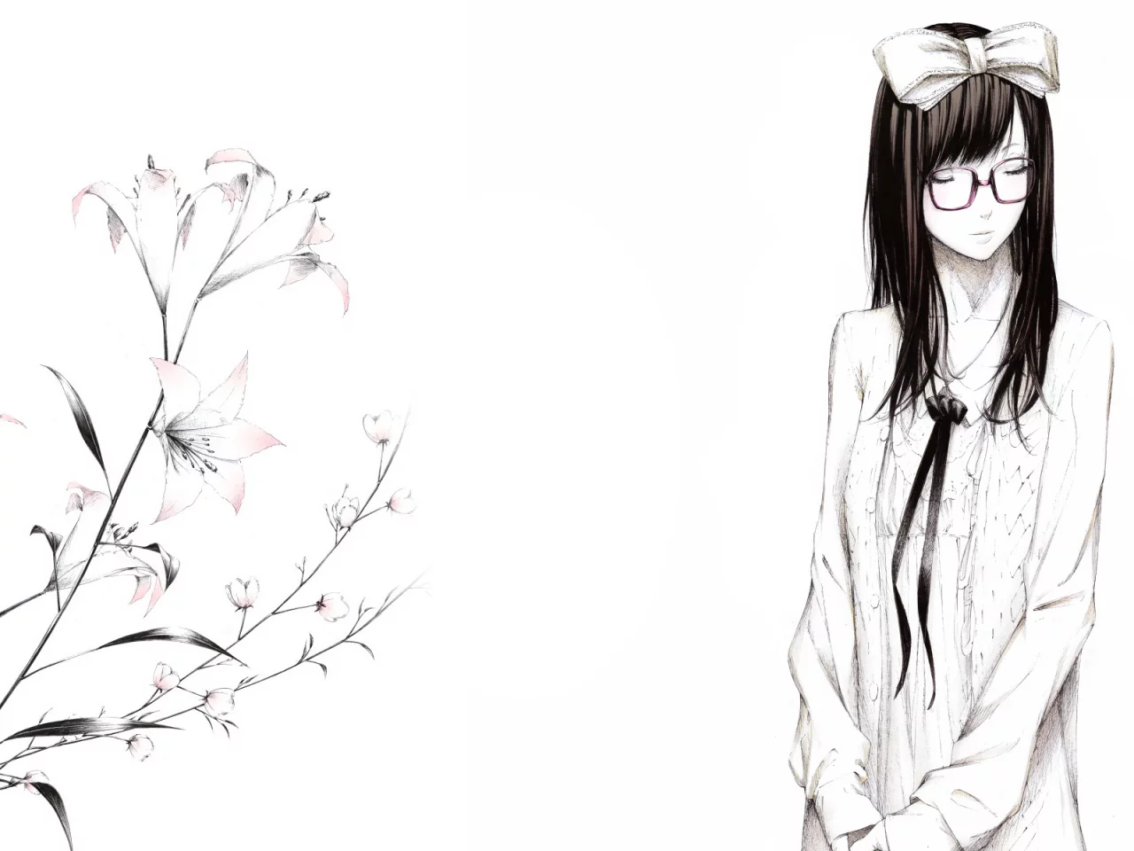 рисунок, очки, бант, цветы, Art, лилии, девушка, sawasawa