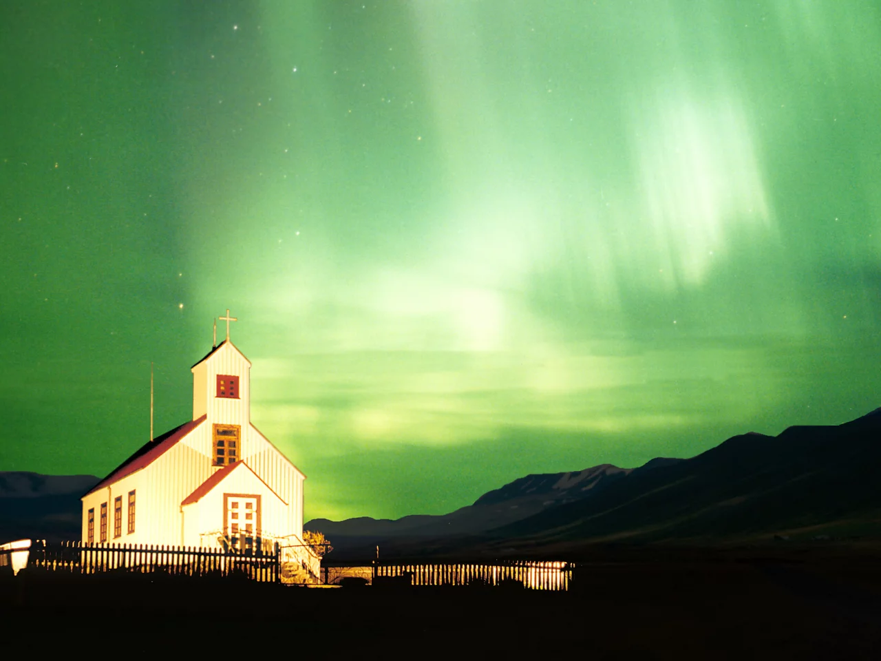 ночь, Северное сияние, northern lights, часовня