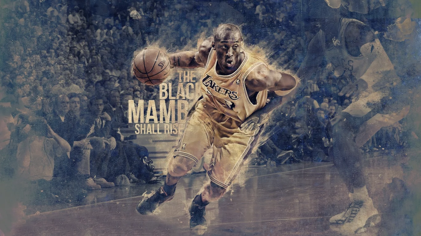 игрок, black mamba, рисунок, lakers, баскетбол, поле, мяч, Kobe bryant