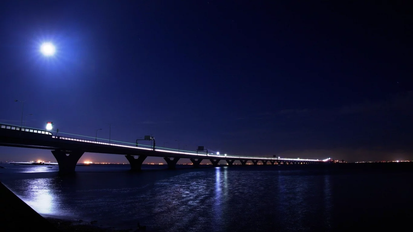 river, свет, Город, water, moon, огни, луна, bridge, мост, light, ночь