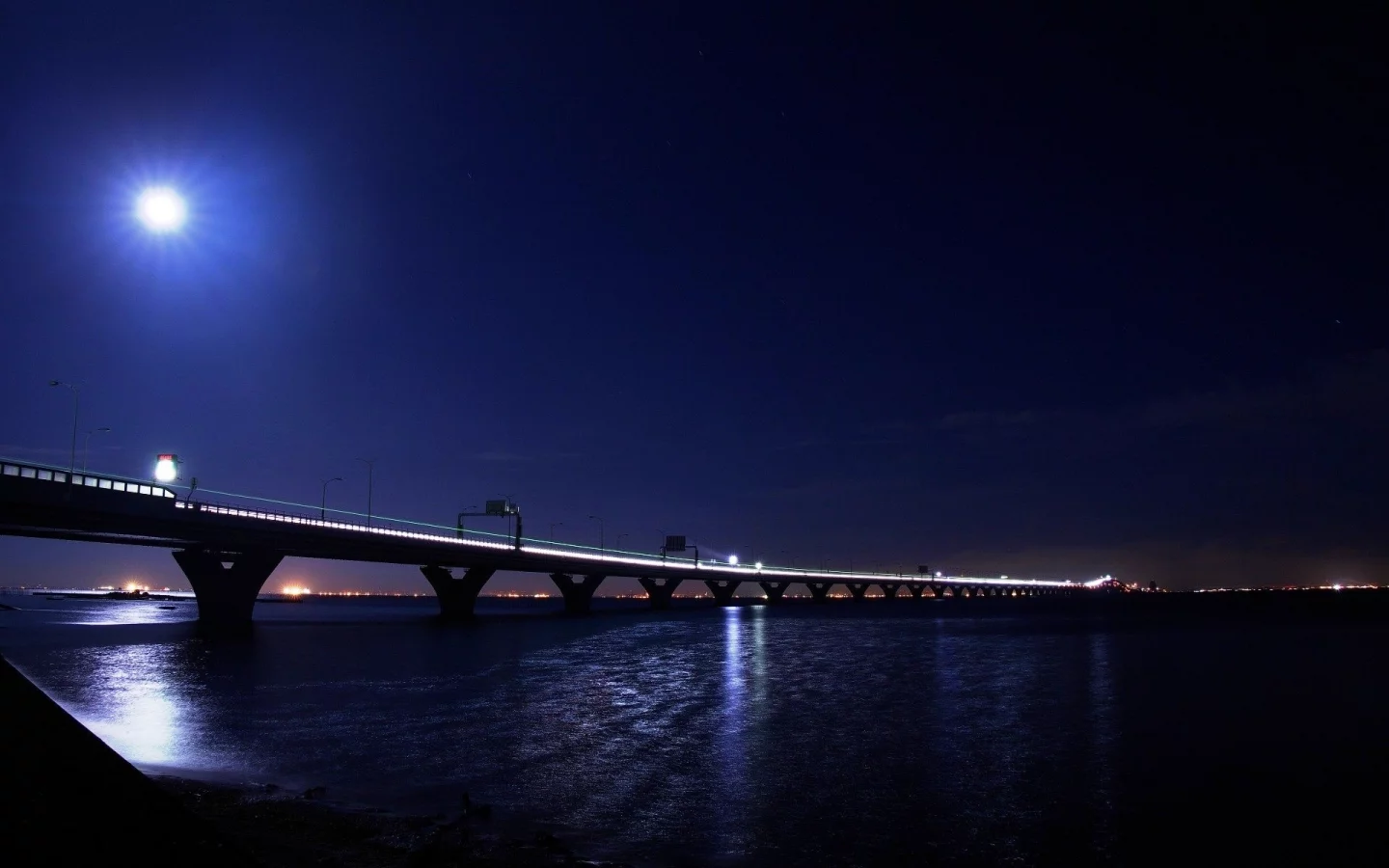 river, свет, Город, water, moon, огни, луна, bridge, мост, light, ночь