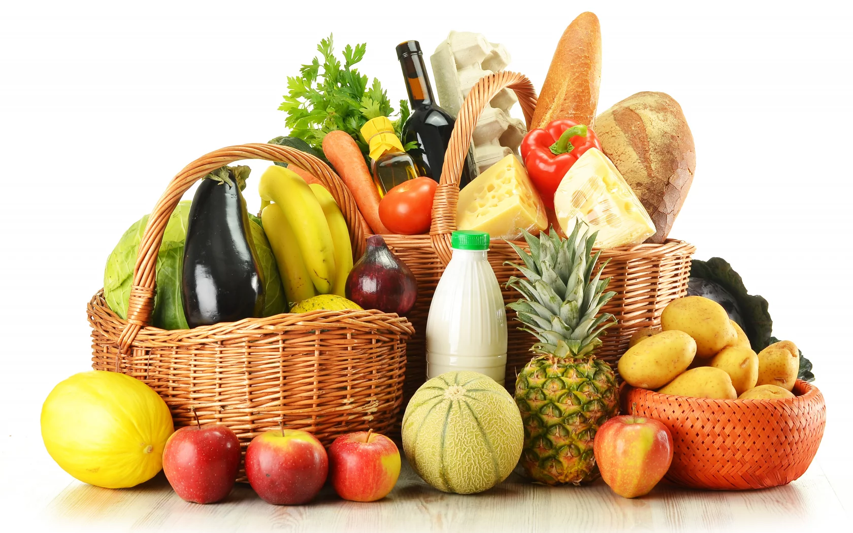 бутылки, Корзины, вино, фрукты, хлеб, продукты, яйца