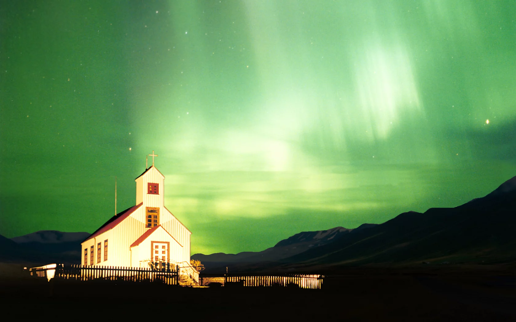 ночь, Северное сияние, northern lights, часовня