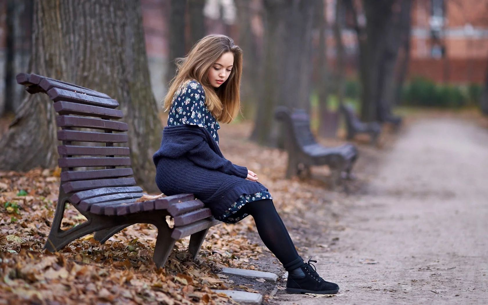лавочка, Поздняя осень, опавшая листва, парк