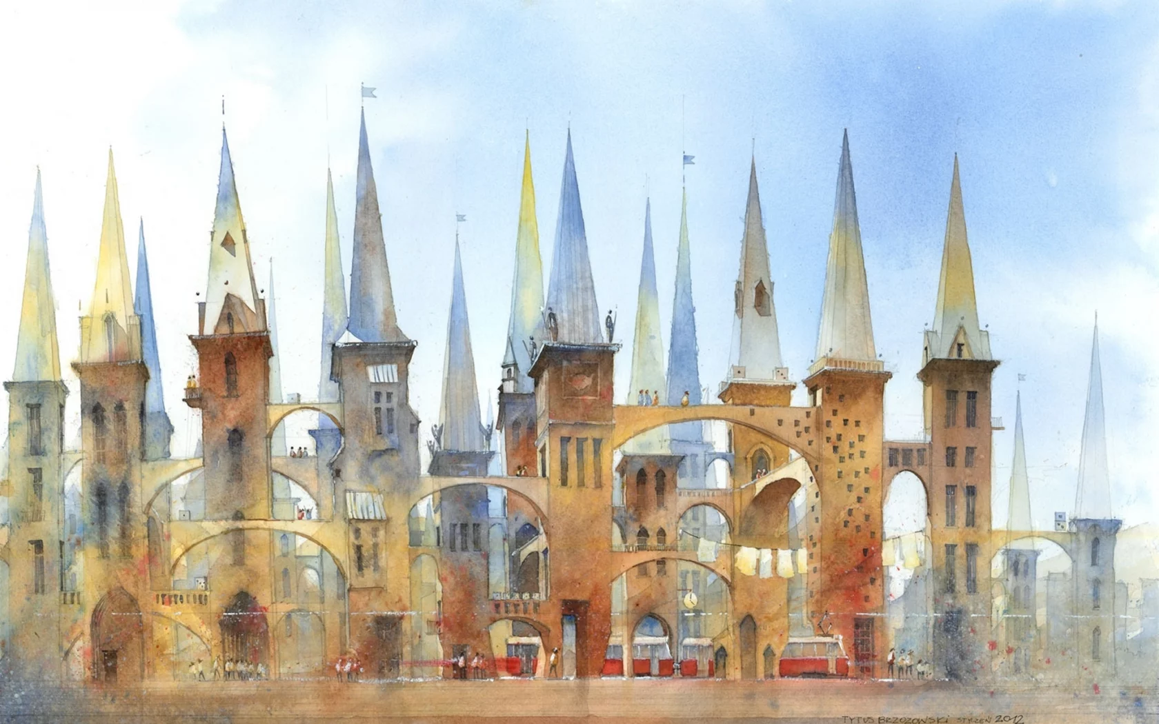 Арт, люди, дома, рисунок, арки, tytus brzozowski